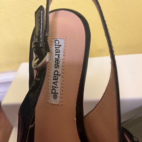 New Charles David Black Patent Open Toe Sling Back Wedge Sandal! - Picture 7 of 11